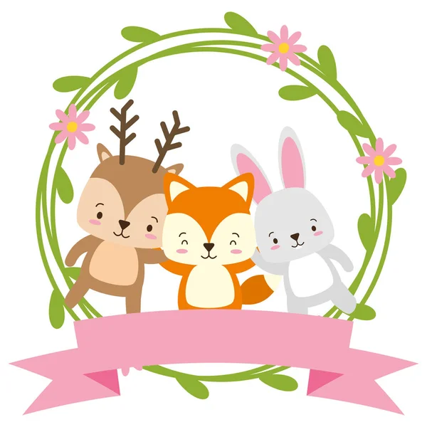 Cute deer fox and rabbit animals wreath flowers — Stock Vector