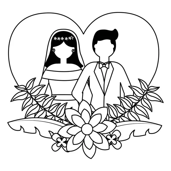 Nevěsta a ženich srdce Láska květiny svatba — Stockový vektor