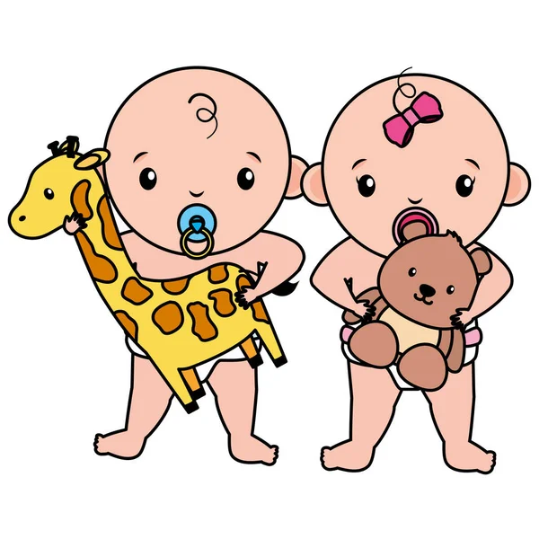 Lindo poco bebés pareja con jirafa y oso juguetes — Archivo Imágenes Vectoriales