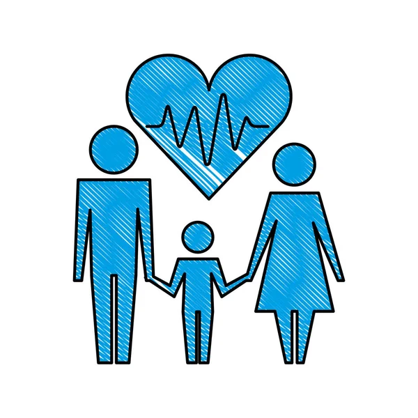 Ouders met zoon en hart silhouet geïsoleerd pictogram — Stockvector