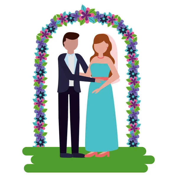 Novia y novio arco flores decoración boda — Archivo Imágenes Vectoriales