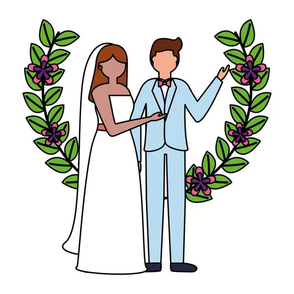 Pareja boda día hojas flores decoración — Archivo Imágenes Vectoriales