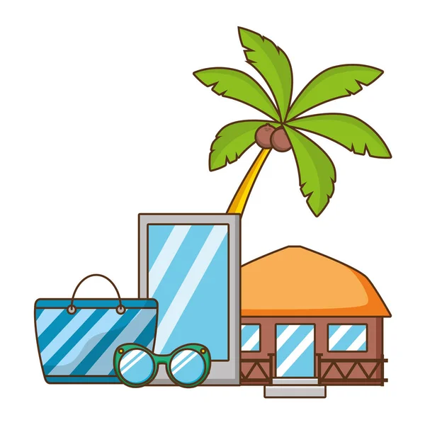 Vacances sac mobile lunettes de soleil bungalow — Image vectorielle
