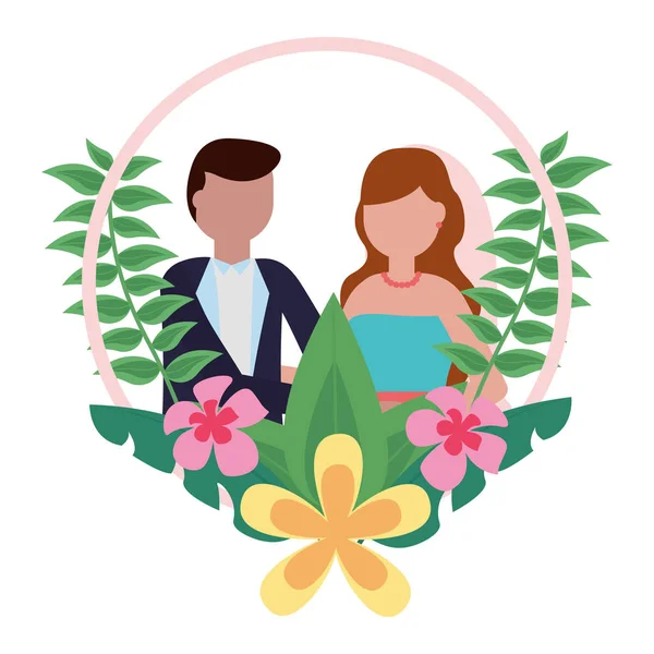 Bride and groom wreath flowers wedding day — Stock Vector