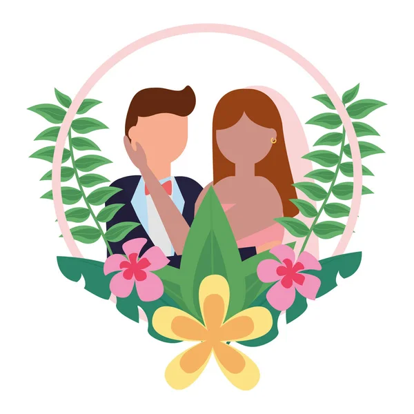 Braut und Bräutigam Kranz Blumen Hochzeitstag — Stockvektor