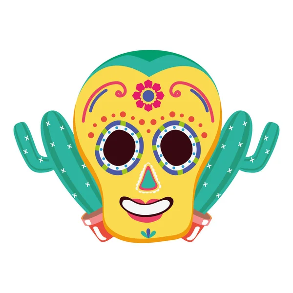 Día de la celebración de la muerte máscara de cráneo y cactus — Vector de stock