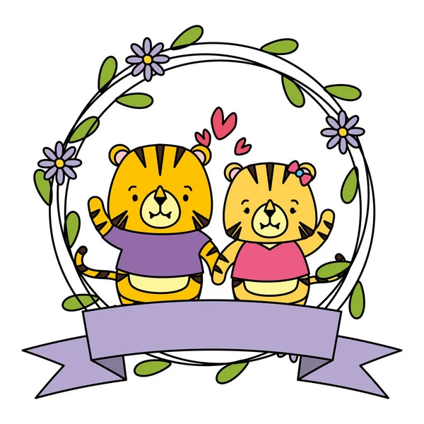Cute couple tigers animals wreath flowers — Stock Vector