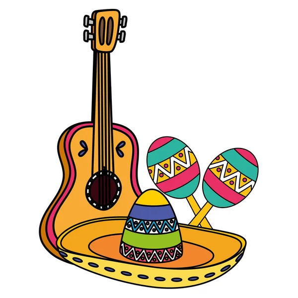 Sombrero mexicano con guitarra y maracas — Vector de stock