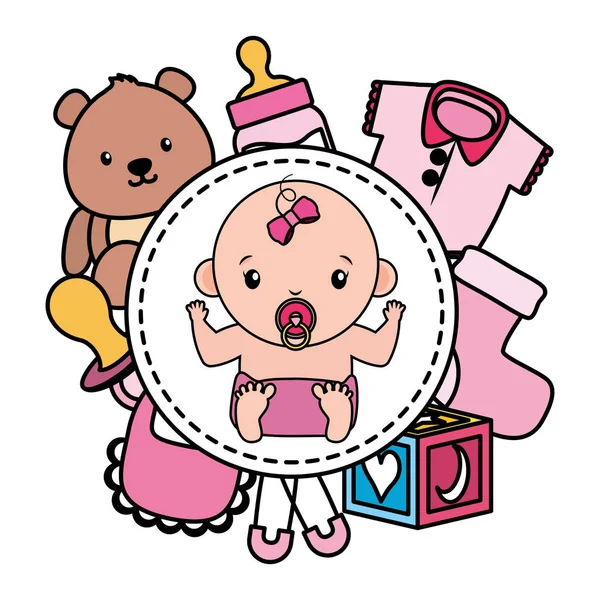 Cute little baby girl with toys frame — Stock Vector