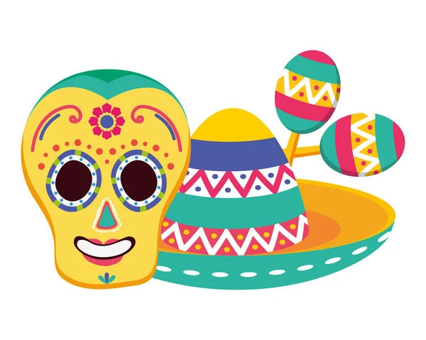 Dia da máscara de crânio morto com chapéu mexicano e maracas — Vetor de Stock