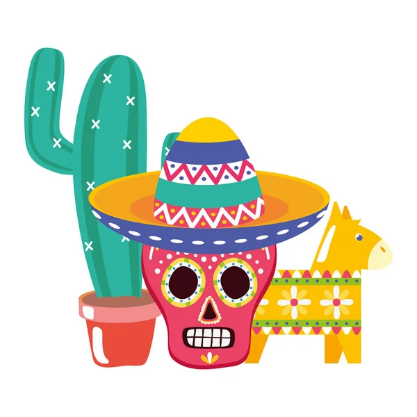 Totensonntag Totenschädel-Masken mit Kaktus und Pinata — Stockvektor