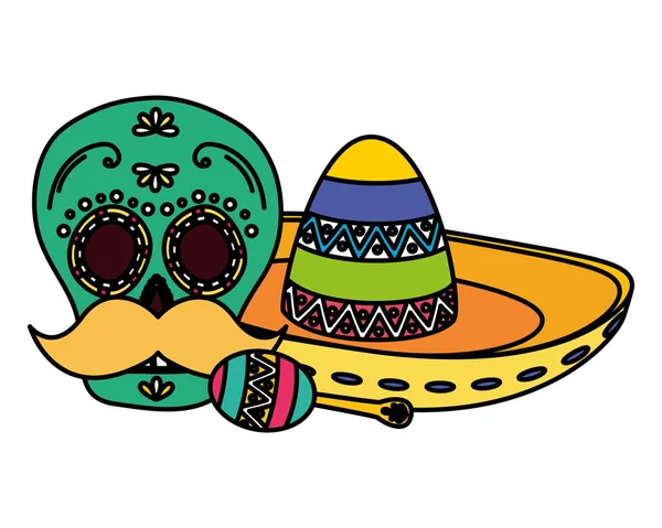 Day of the dead skull mask with mexican hat and maracas — Stock Vector
