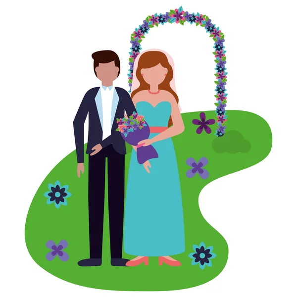 Novia y novio arco flores decoración boda — Archivo Imágenes Vectoriales