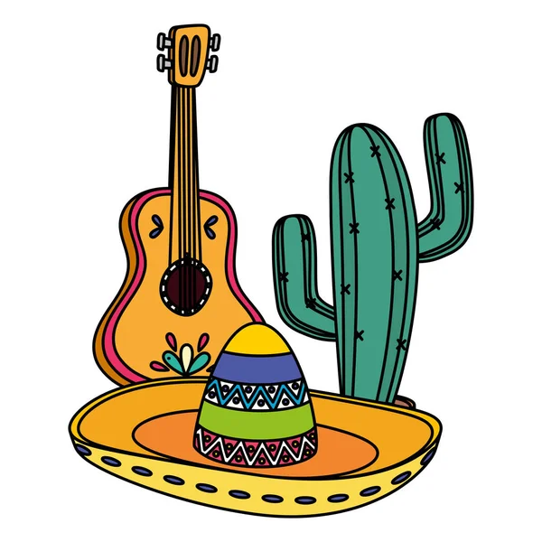 Мексиканская шляпа с гитарой и кактусом — стоковый вектор