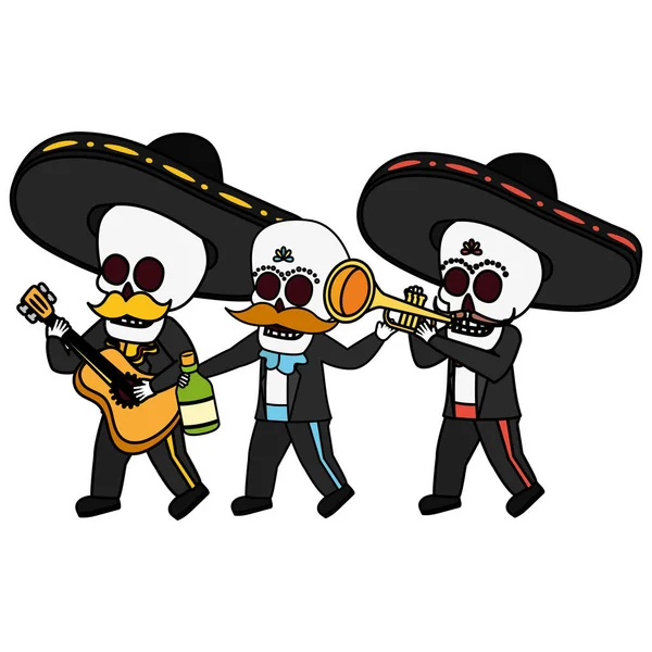 Squelettes musicien avec guitare maraca et tequila viva mexico — Image vectorielle