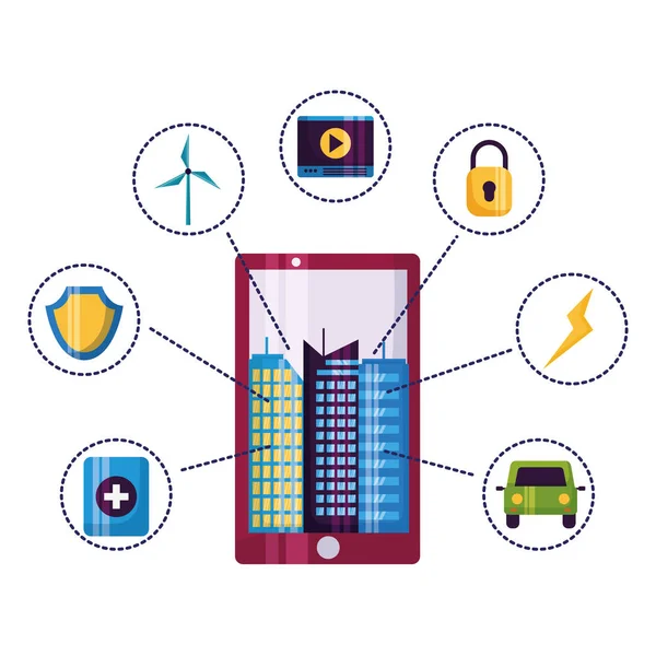 Smartphone Smart City verbinding — Stockvector