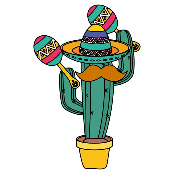 Planta de cactus con sombrero mexicano y bigote jugando maracas — Archivo Imágenes Vectoriales