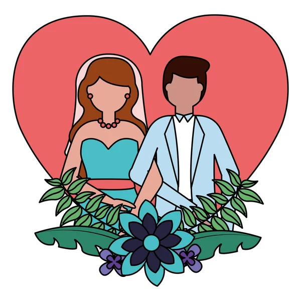 Mariée et marié coeur amour fleurs mariage — Image vectorielle