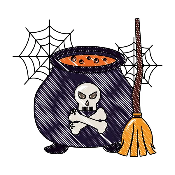 Halloween caldeirão poção crânio osso cruzado — Vetor de Stock