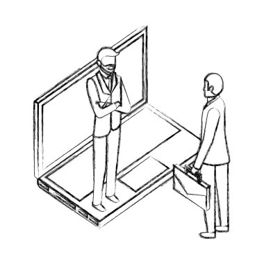 dizüstü bilgisayar cihazı ile iki işadamı