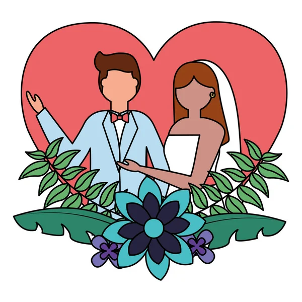 Bride and groom heart love flowers wedding — Stock Vector