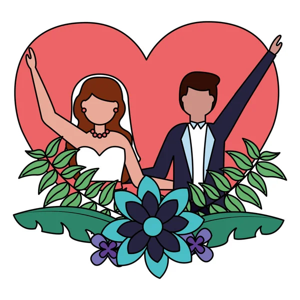 Mariée et marié coeur amour fleurs mariage — Image vectorielle