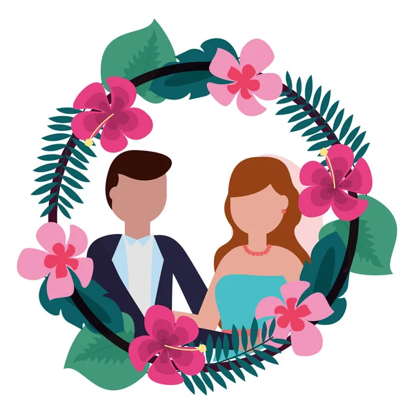 Menyasszony és a vőlegény koszorú virágok esküvő napján — Stock Vector