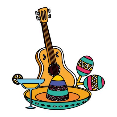 Meksika şapkası, gitar ve marakas.