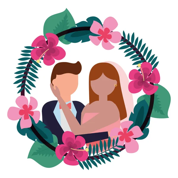 Bride and groom wreath flowers wedding day — Stock Vector
