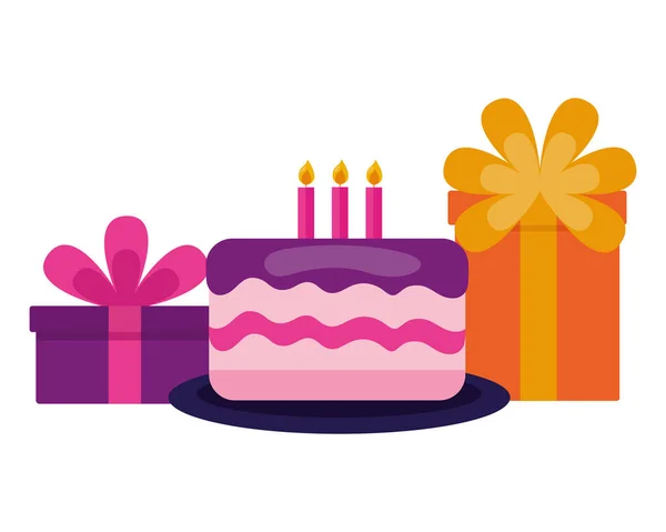 Gâteau boîtes cadeaux anniversaire célébration — Image vectorielle