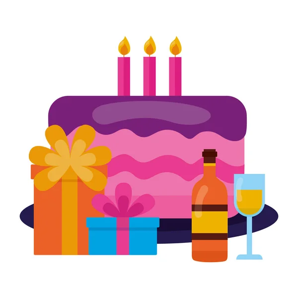 Pastel regalos vino copa cumpleaños celebración — Vector de stock