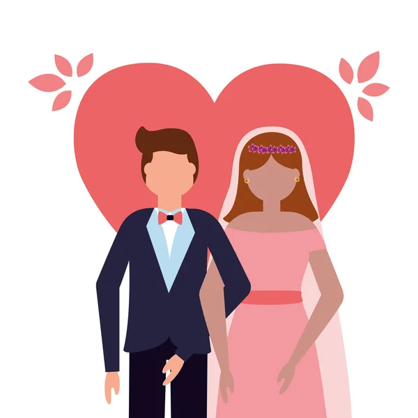 Pary ślubne panny młodej i pana młodego miłość serce — Wektor stockowy
