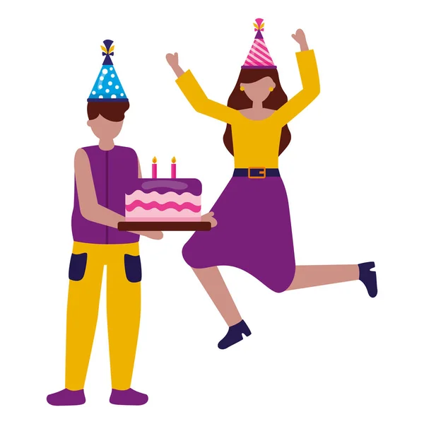 Pasta Doğum günü kutlama ile mutlu kadın ve adam — Stok Vektör