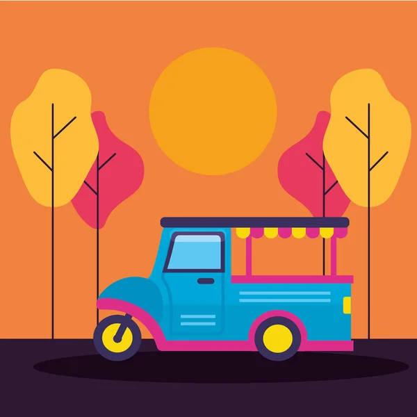 Food truck park straat bomen ontwerp — Stockvector