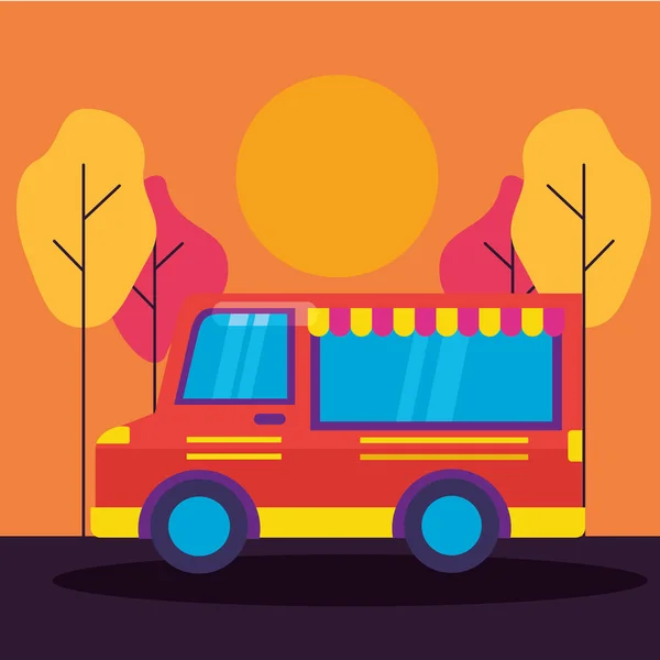 Food truck park street trees design — Stock Vector