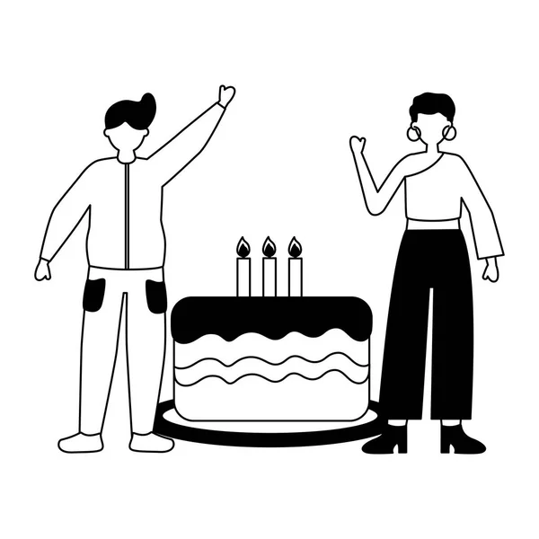 Homem e mulher com bolo celebração de aniversário — Vetor de Stock