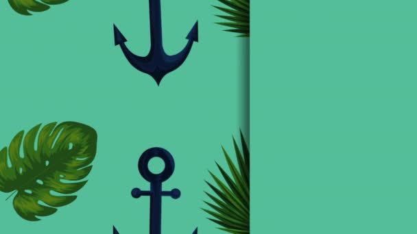 Exotic leafs palms and anchors tropical pattern — Stock Video