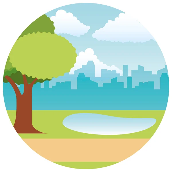 Parque ciudad árbol lago horizonte fondo — Vector de stock