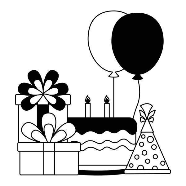 Торт шляпа подарки и воздушные шары празднование дня рождения — стоковый вектор