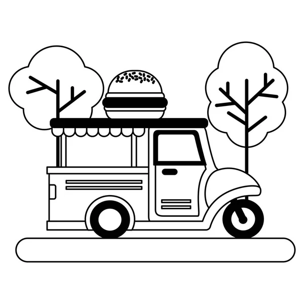 Élelmiszer-teherautó Burger Park utcai fák — Stock Vector