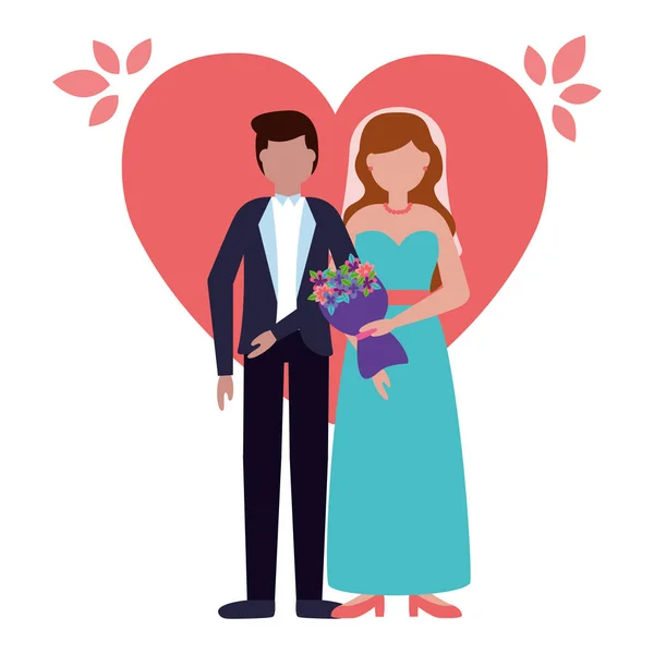 Couples mariage mariée et marié amour coeur — Image vectorielle