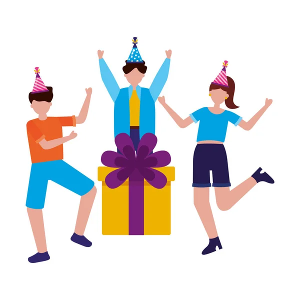 Gente feliz regalo caja cumpleaños celebración — Vector de stock