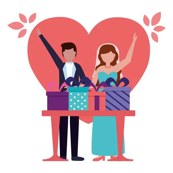 Mariée et marié boîtes cadeaux jour de mariage — Image vectorielle