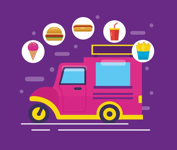 Camions alimentaires image design plat — Image vectorielle