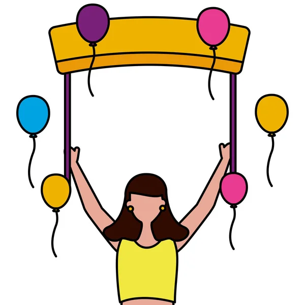 風船と看板の誕生日のお祝いを持つ女性 — ストックベクタ