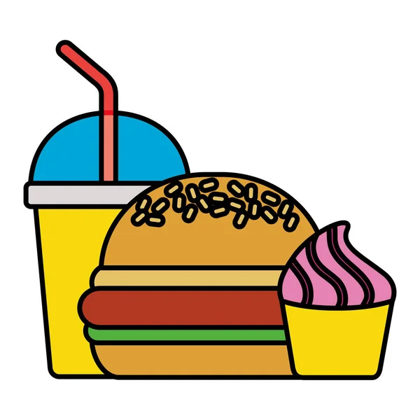 Comida rápida hamburguesa cupcake soda — Vector de stock