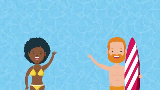 Casal interracila em personagens de hora de verão — Vídeo de Stock