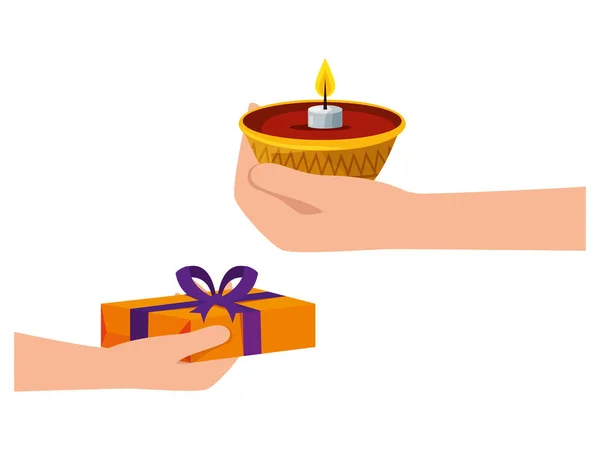 Manos levantando vela y regalo ramadán kareem — Vector de stock