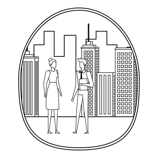 Elegante joven pareja de negocios en la ciudad — Vector de stock