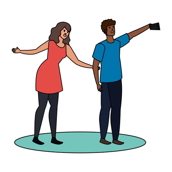 Jovem interracial amantes casal tomando um selfie —  Vetores de Stock